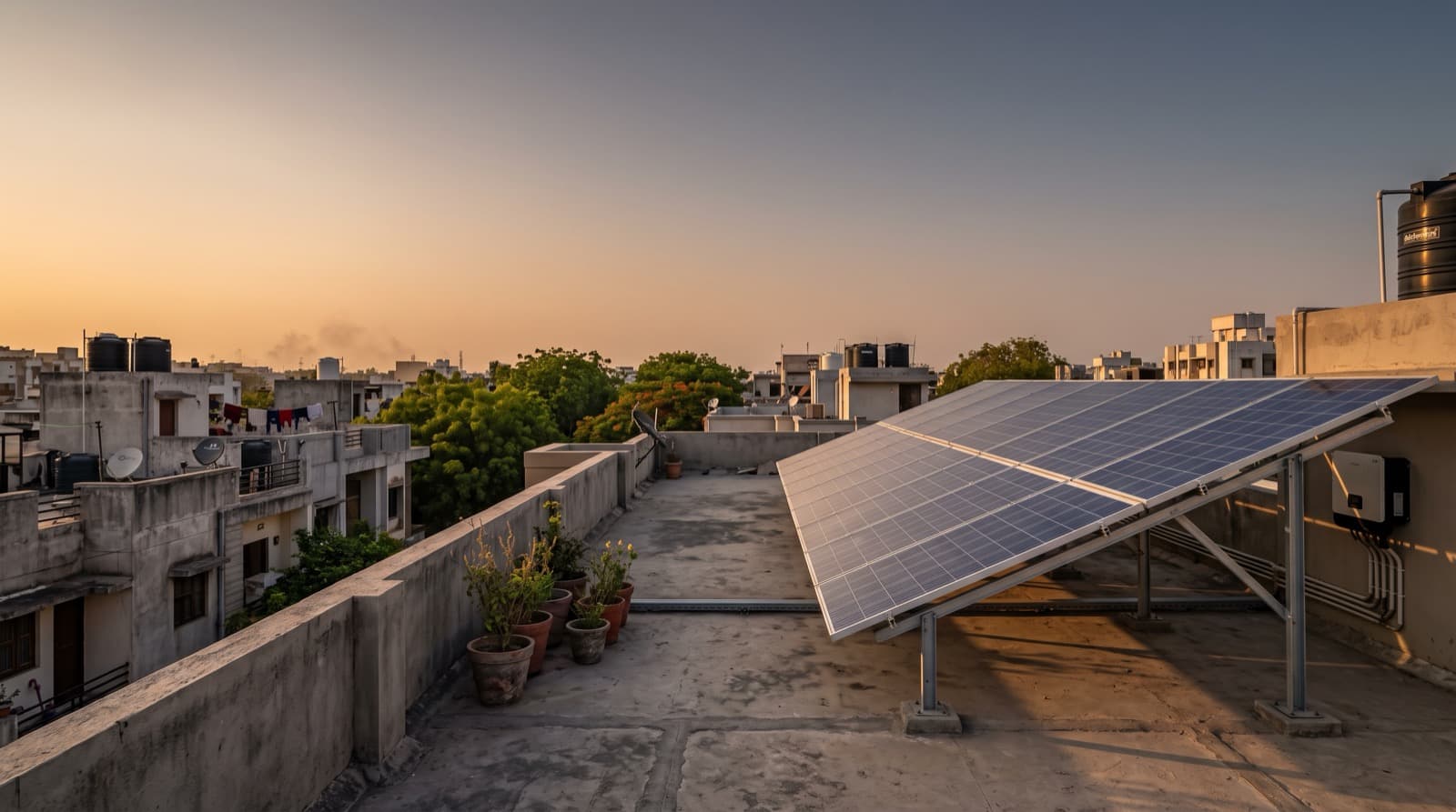 Solar panels on a flat rooftop in Vadodara at sunset