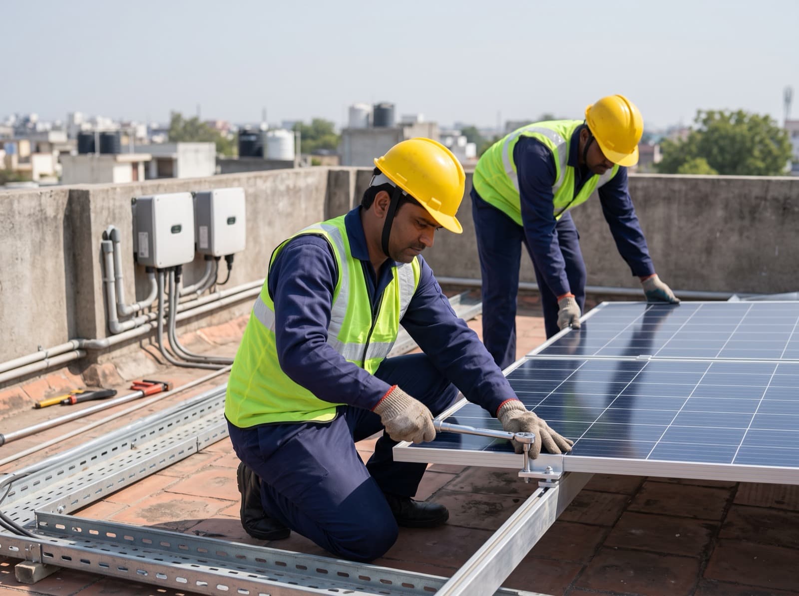 OPEL electricians fixing solar panel clamps on a rooftop