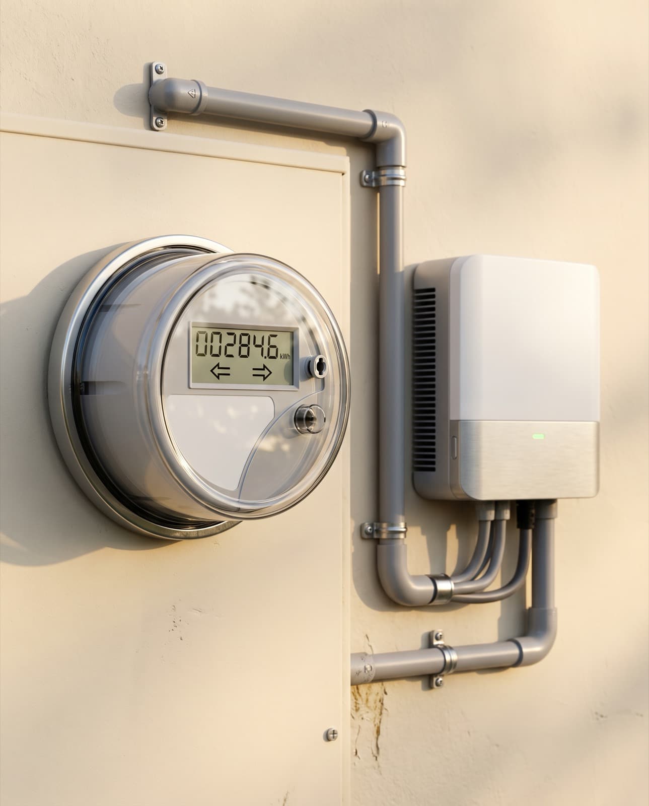 Bi-directional net meter next to a solar inverter